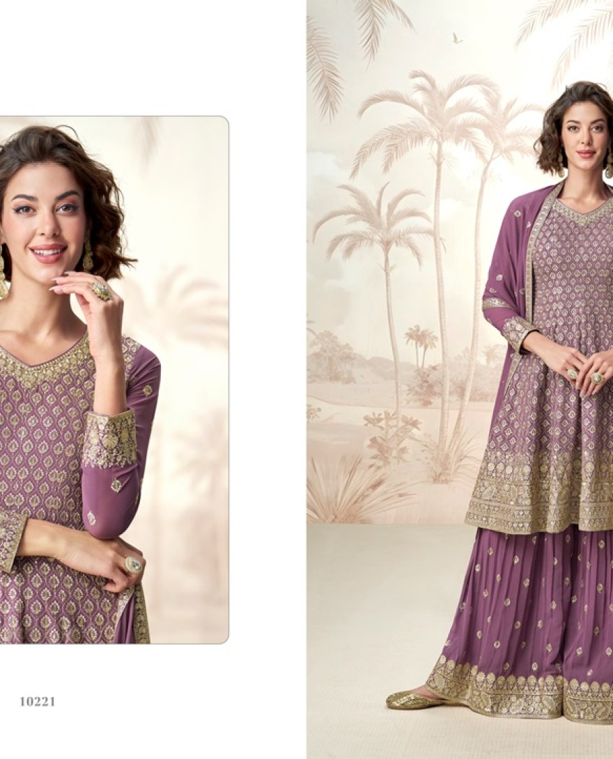 10221-purple - Embroidered and Zari Work Georgette Palazzo Salwar Suit In Purple Color